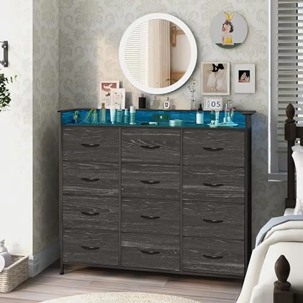 LED Light Dresser 12Drawers Charging Station Fabric Drawers Bedroom Black Iron Frame Cozy Atmosphere Display Space Easy Assembly