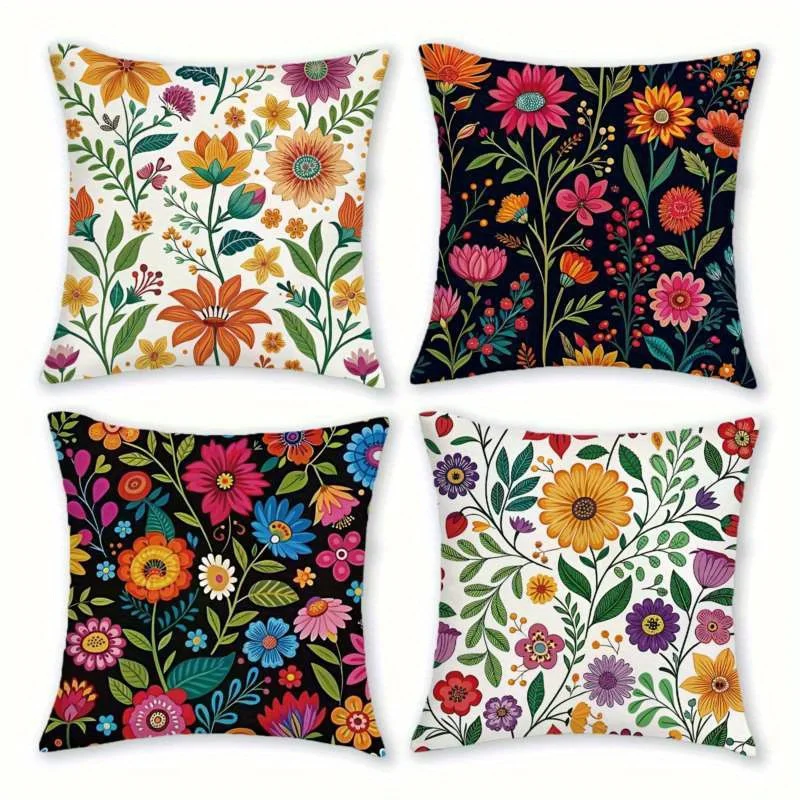 

Colorful Folk Floral Pillow Covers Set of 4 Velvet Polyester Decorative Cushion Cover