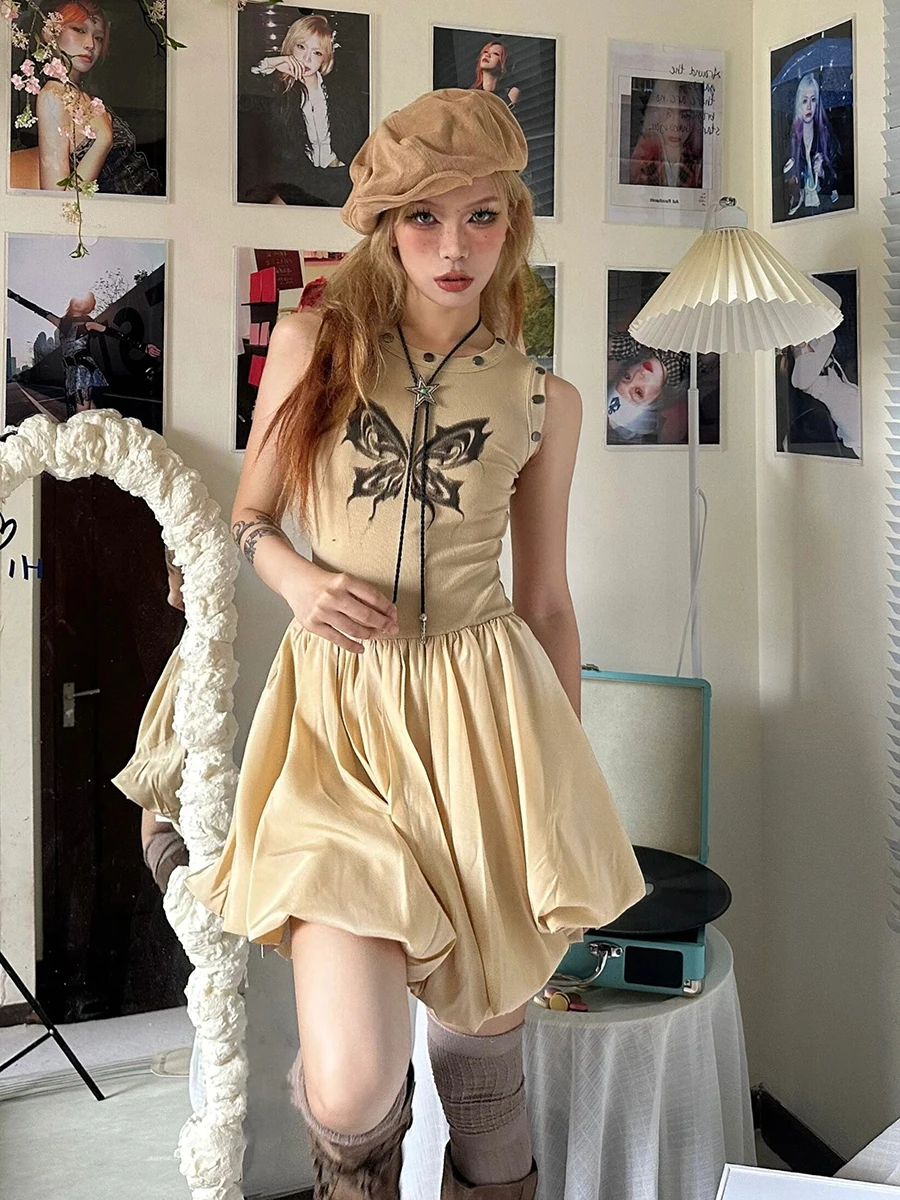 RORORIRI ผีเสื้อพิมพ์มินิเดรสผู้หญิงพังก์หมุดย้ำ O-คอแขนกุด SLIM FIT PUFFY BUD วันพีซ GREYU VINTAGE เสื้อผ้า