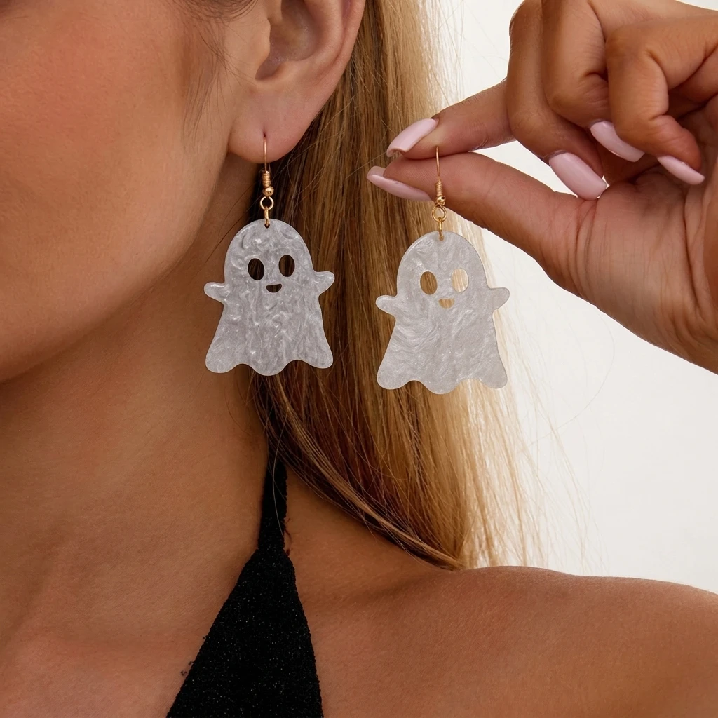Niedliche Geister-Blumen-Kürbis Acryl-Ohrhänger für Frauen, Zierliche Katzen- und Fledermaus-Tropfenohrringe, Halloween-Party-Schmuck Geschenk – Detail 2