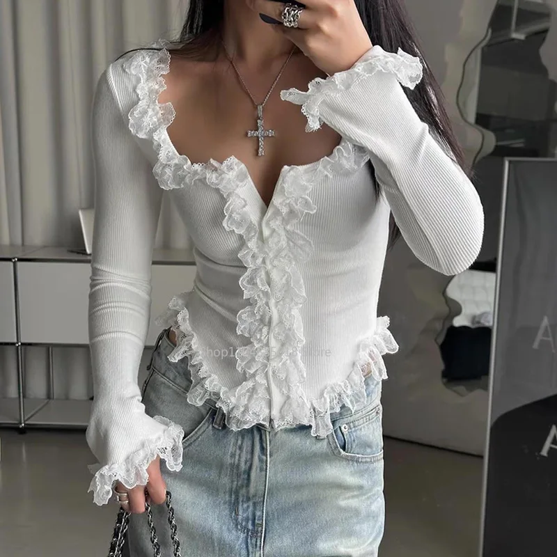 French lace women's tight fitting long sleeved T-shirt Slim fit design top White top for women