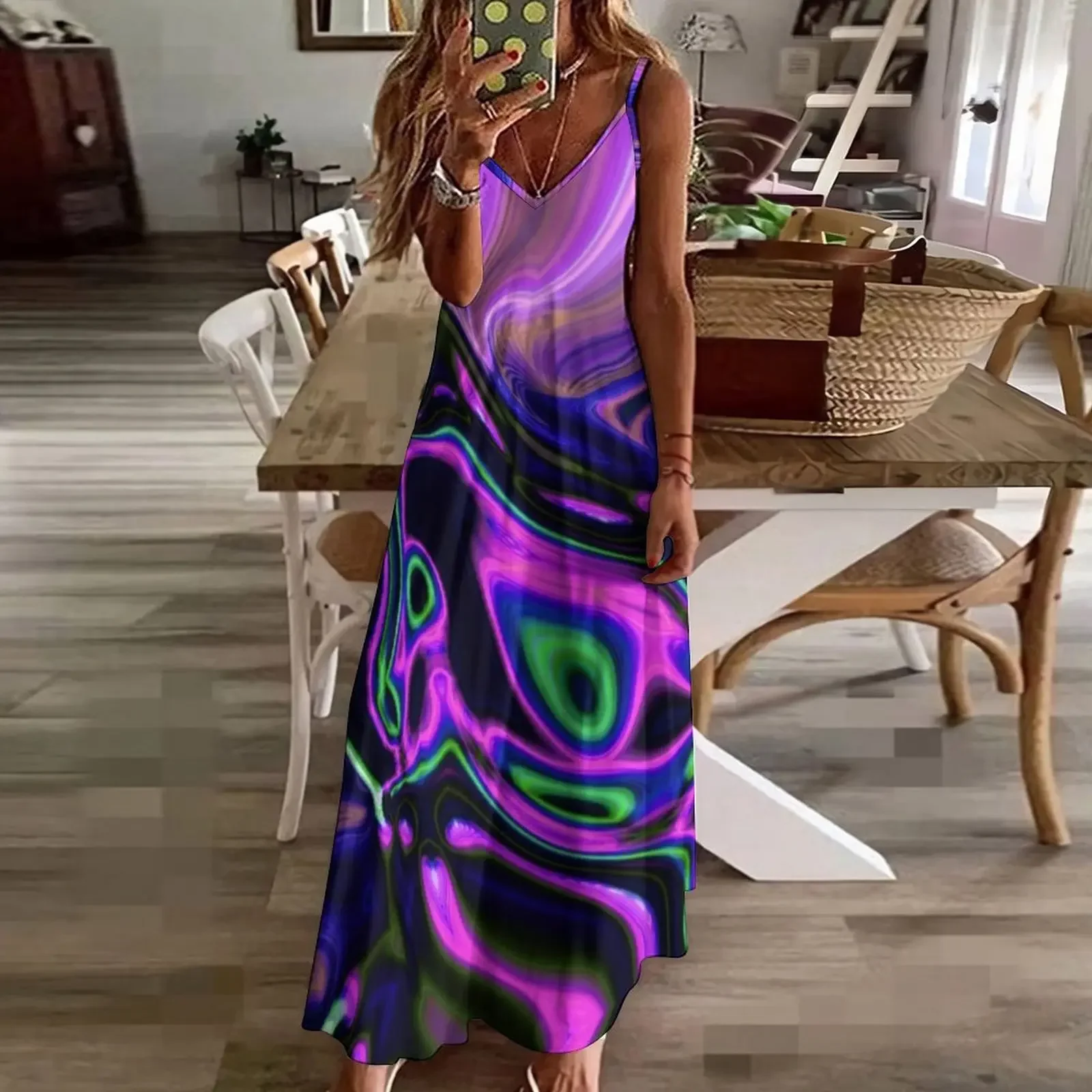 Vestido feminino de manga comprida verde neon e roxo, rodadas a laser abstratas, sem mangas, moderno, feminino