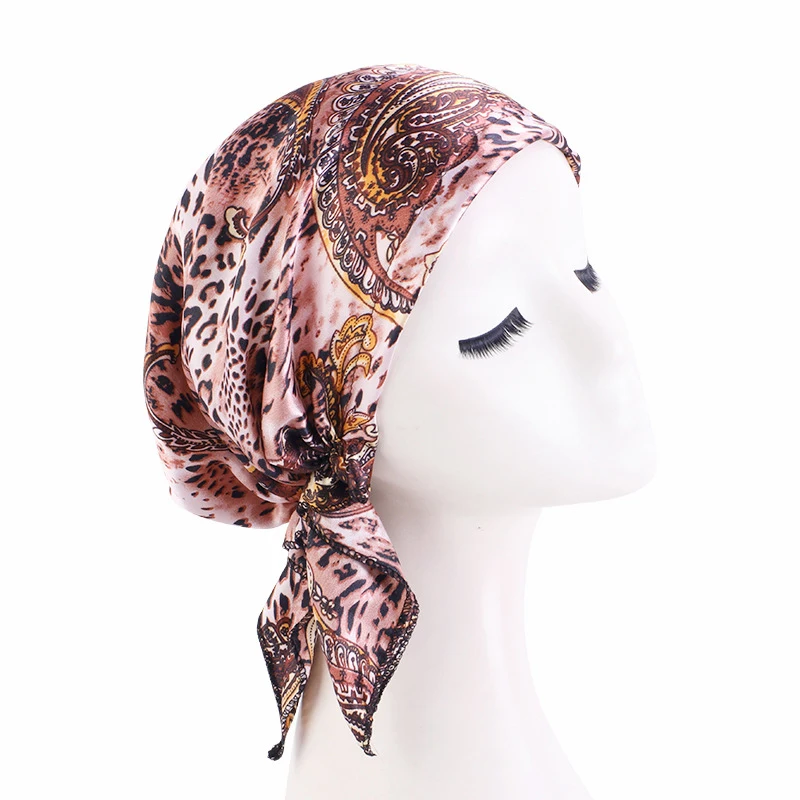 New Women Paisley Print Satin Pre Tied Bandana Scarf Muslim Chemo Hat Beanie Turban Headwear for Cancer Patients Ladies Turbante