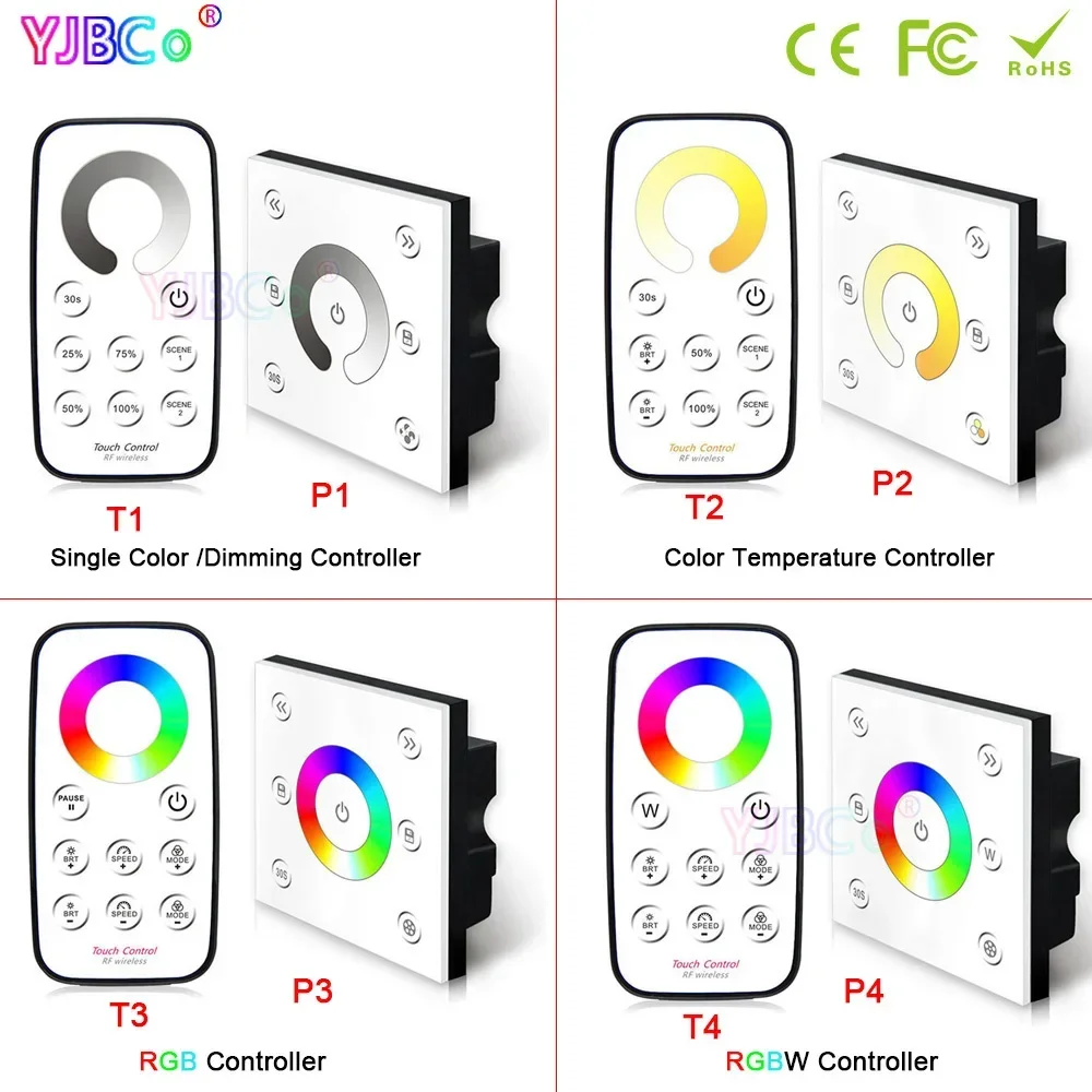 Bincolor Wall-mounted 86 Touch panel dimming/CCT/RGB/RGBW LED Strip Light Controller,wireless remote DC12V 24V Lamp Tape Switch