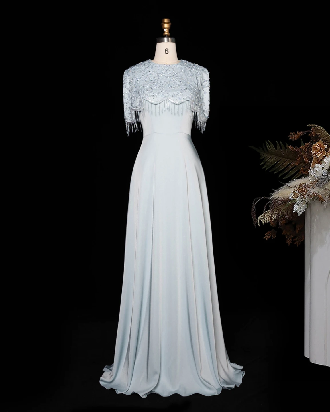 Sharon Said Abendkleid, elegantes A-Linien-Modell, Rundhalsausschnitt, Perlen, Quasten, Dubai, formelle Party, Hochzeitsgastkleid, SS614, nach Maß – Detail 13