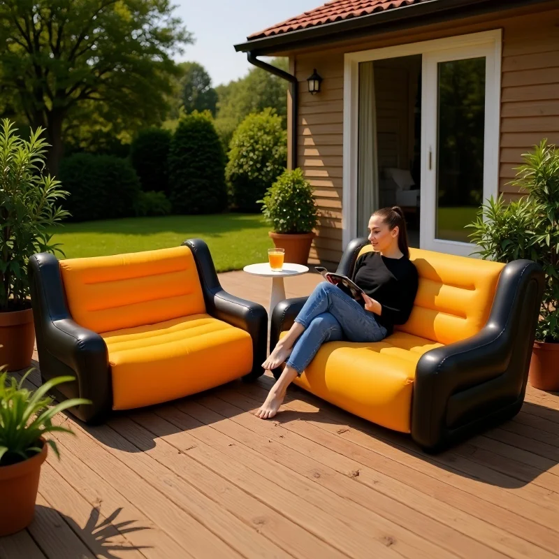 新しい屋外用シングルインフレータブルソファ、ポータブルキャンプ用プラッシュ背もたれソファ-ガーデン折りたたみ式アームレスト付きインフレータブルチェア-幅90cm