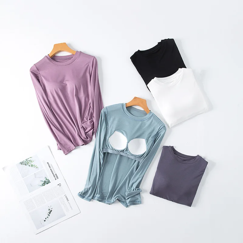 Primavera y otoño nuevos pijamas de mujer tops cuello redondo modal con almohadillas para el pecho camisetas de manga larga camisas de fondo ropa de