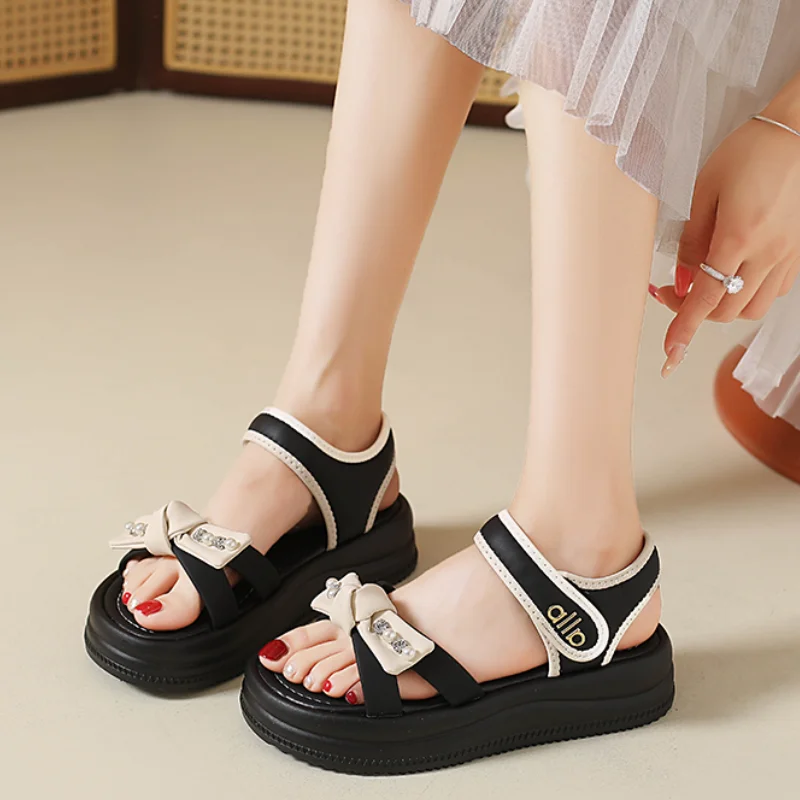Shiny Rhinestone Bowknot Thick Bottom Sandals Plus Size 34-41 Wedges Heel Hook and Loop Sandals Woman Lightweight Platform Shoes