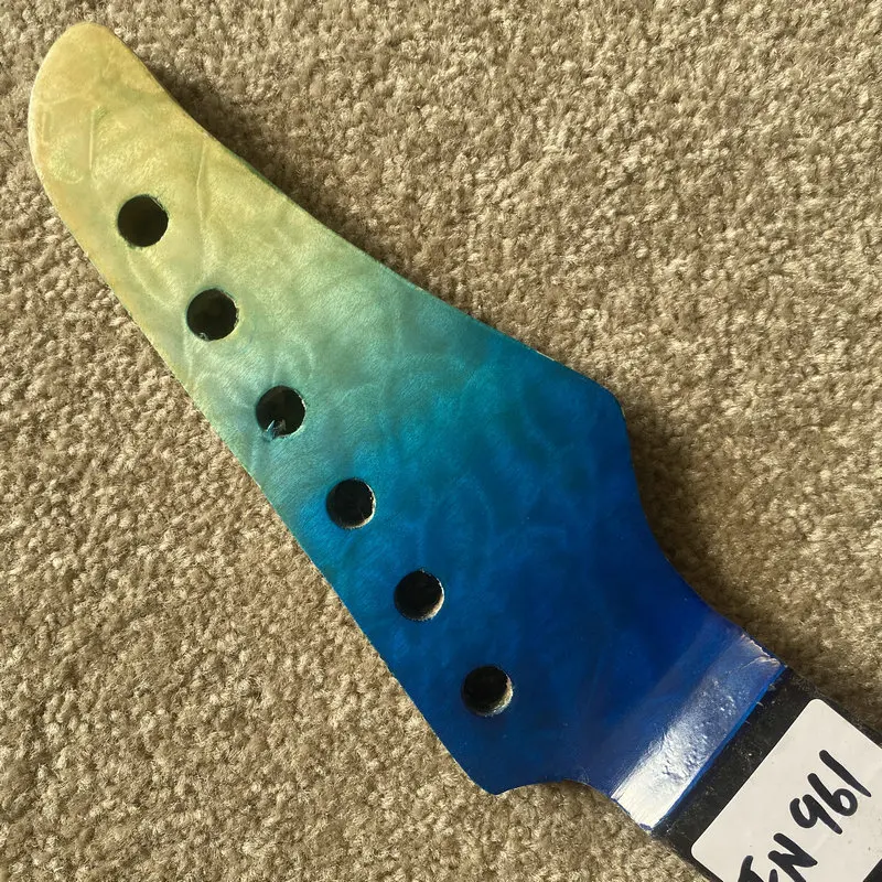 FN961 Blue Quilted Maple Headstock Semi Finishing Tremolo Guitar Neck Maple with Rosewood No Frets with Damages DIY USE