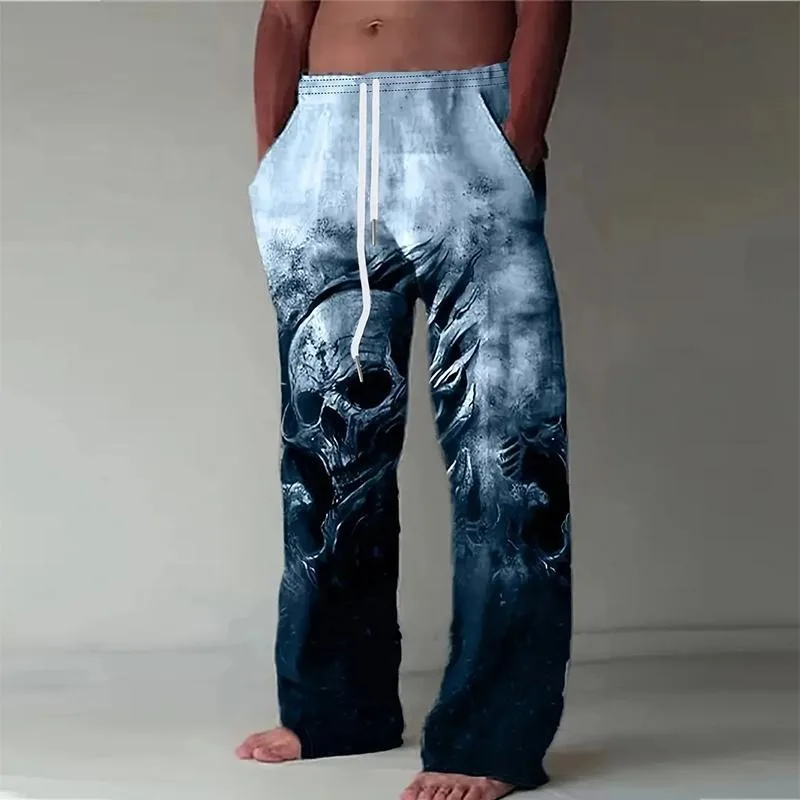 

Men'S Loose-Fitting Casual Skull Printed Long Pants Autumn Drawstring Elastic Waisted Straight-Leg Trouser Oversize Daily Bottom