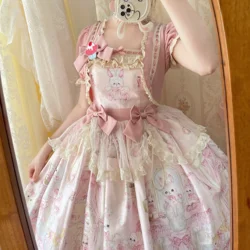 NONSAR Original Design Japanese Sweet Lolita Dress Girls Cute Bow Rabbit Print Puff Sleeve Kawaii OP Dresses Summer Vestidos
