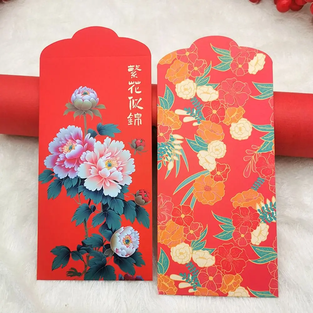 Sobres rojos de dibujos animados para Festival de Primavera, los mejores deseos, flor de Hong Bao, bolsillo rojo tradicional chino, boda y cumpleaños