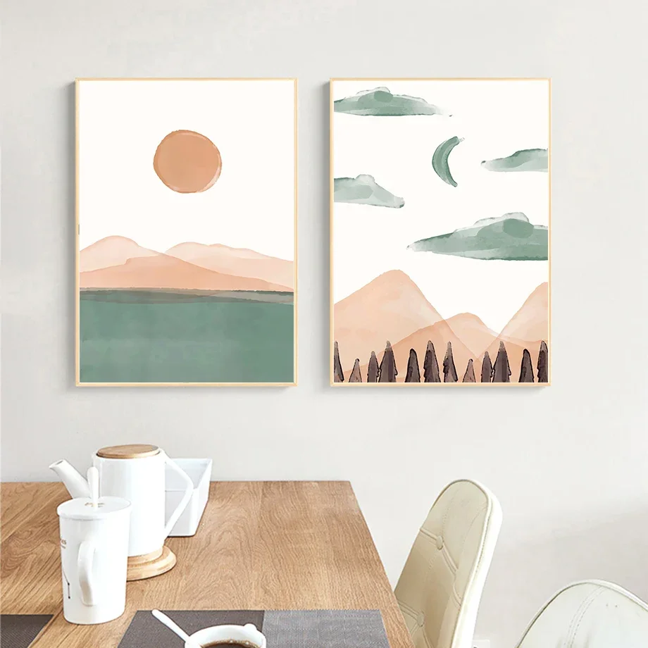 1pc frameless Canvas Painting Green Mountain Sea Leaves Sun Geometry Wall Art Canvas Painting Abstract Lines Posters And Prints