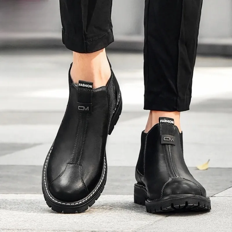 رجل عالية الجودة الأحذية الجلدية حذاء من الجلد للرجل جديد أحذية مصممين الرجال دراجة نارية التمهيد موضة أحذية تشيلسي عادية بوتاس Hombre #6