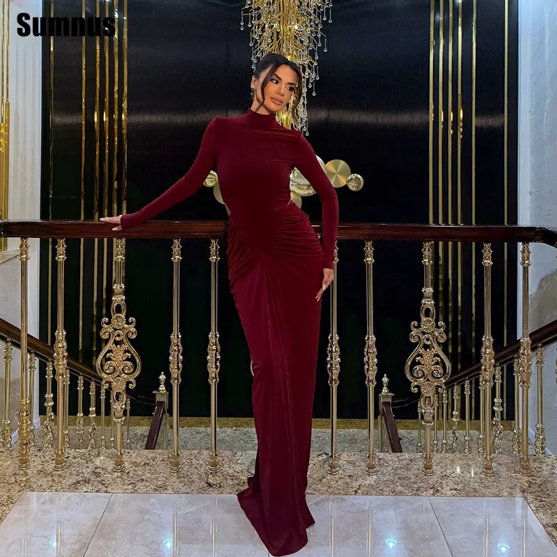 

Sumnus Elegant Burgundy Mermaid Evening Dress High Neck Pleats Long Sleeves Formal Dresses فساتين سهرة Customized