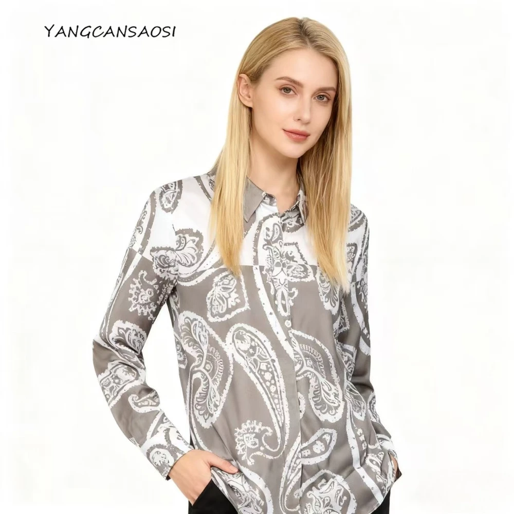 Women's Clothing 22MM Sand Washed 93% Natural Mulberry Silk Elastin Satin Lapel OL Style Versatile Casual Long Sleeved Shirt