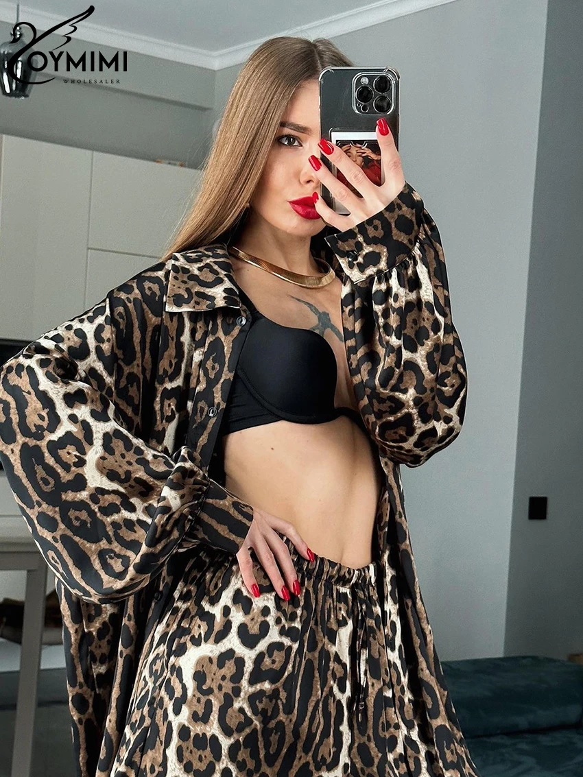 Oymimi Fashion Leopard Print 2 Piece Sets Women Outfit 2023 Elegant Long Sleeve Shirt With High Waist Wide Pants Set Streetwear