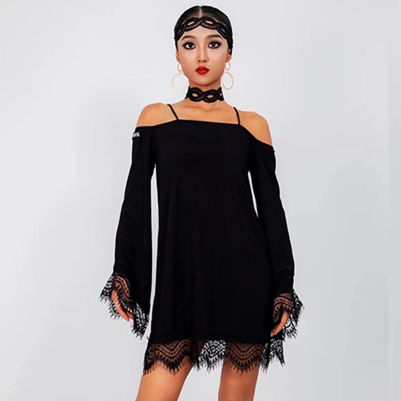 2022 New Latin Dance Dress Women Black Lace Loose Practice Dress Adult Rumba Salsa Dance Costume Long SLeeves Dress DNV17031