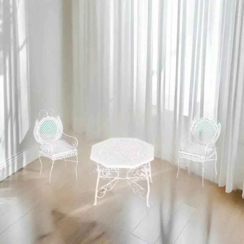 子供用ミニごっこ遊びおもちゃ、3個入り1/12ドールハウスミニチュア鉄製八角形テーブル＆チェアセット