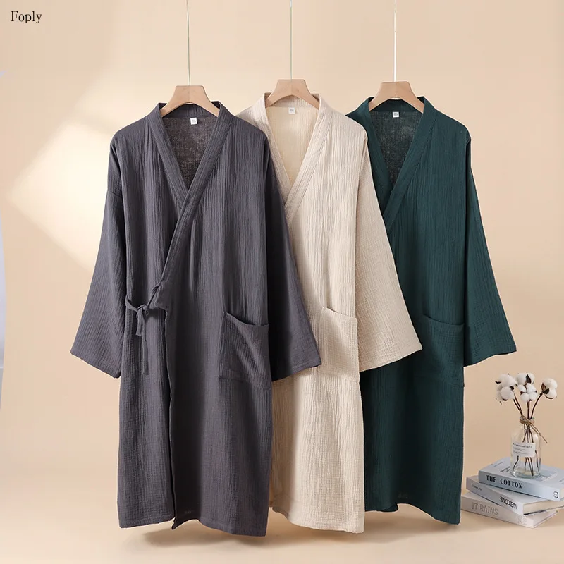 

100% Cotton Couple Kimono Robe Japanese New Crepe Cloth Men's and Women's Bathrobe Spring Summer Home Sleeping Robe Nightwear