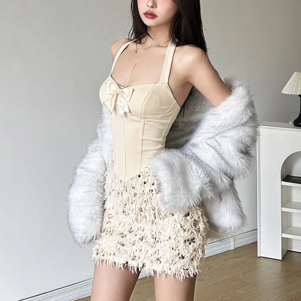 여성용 라이트 럭셔리 스팽글 홀터 드레스 유럽 미국 스타일 가을 겨울 신상 의류 니치 디자인