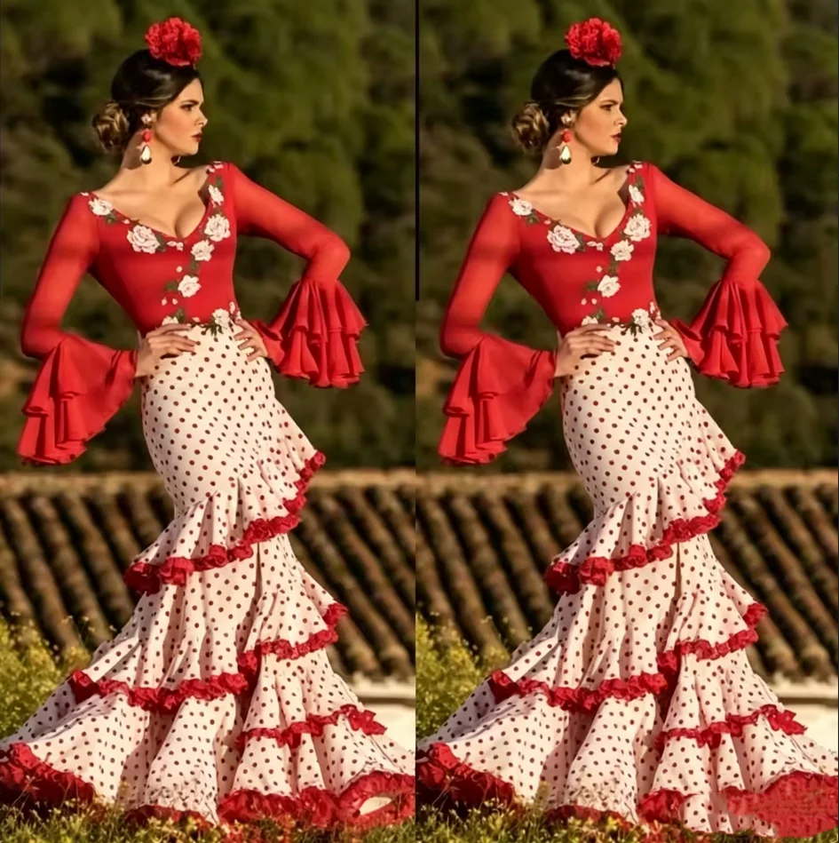 Sexy Mermaid Prom Party Dresses Embroidered Ruffles Multi Layered Tatos Couture Flamenco Runway Evening Gala Gown Customized
