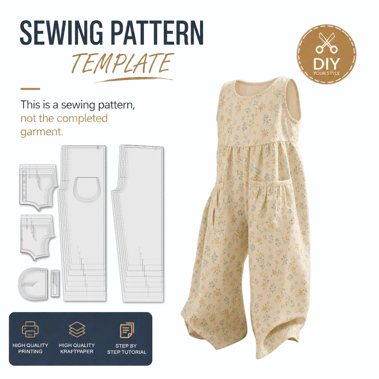 Cream Cream Floral Romper sewing patterns, kraft paper printed template with clear lines, easy sewing project for beginners - Aliexpress Deal