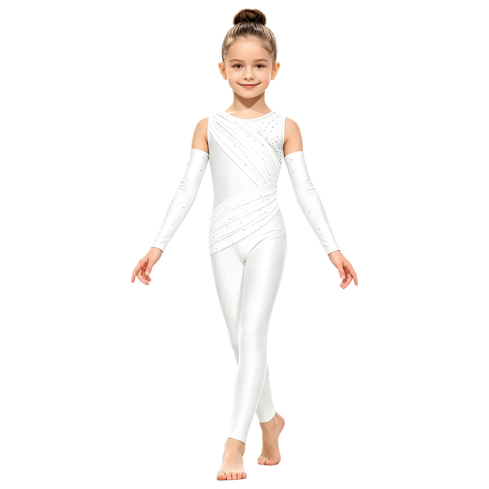 Kids Girls Rhythmic Gymnastics Leotard Sleeveless Ruched Mesh Shiny Rhinestone Figure Skating Ballet Dance Unitards with Sleeves