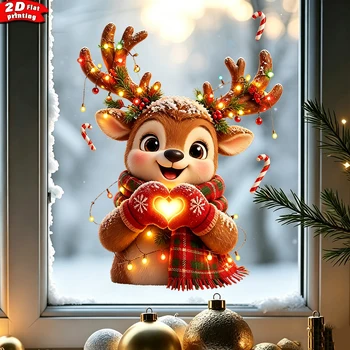 1pc Double‑Sided Visible Static Window Decal Christmas Heart‑Gesture Deer with Fairy…