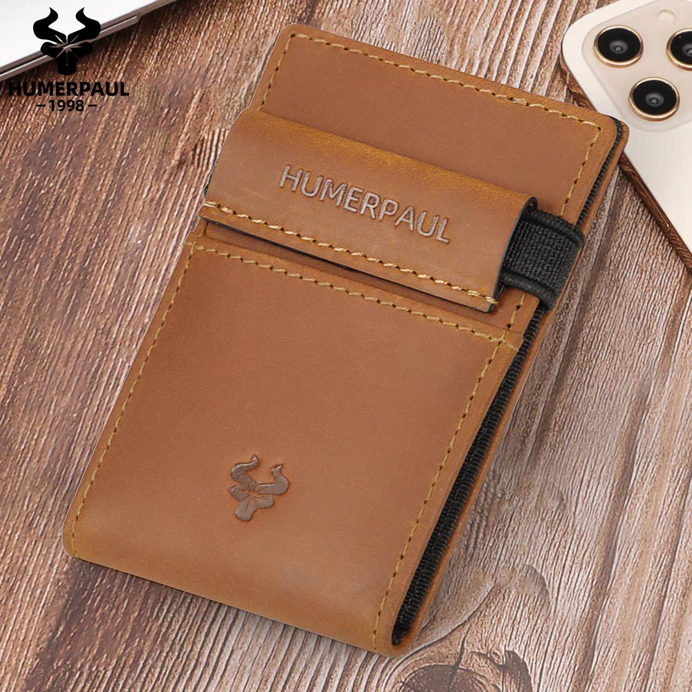 HUMERPAUL Slim RFID Card Holder Wallet for Men Genuine Leather Ultra-thin Money Purse Portable Business ID Banknote Bags