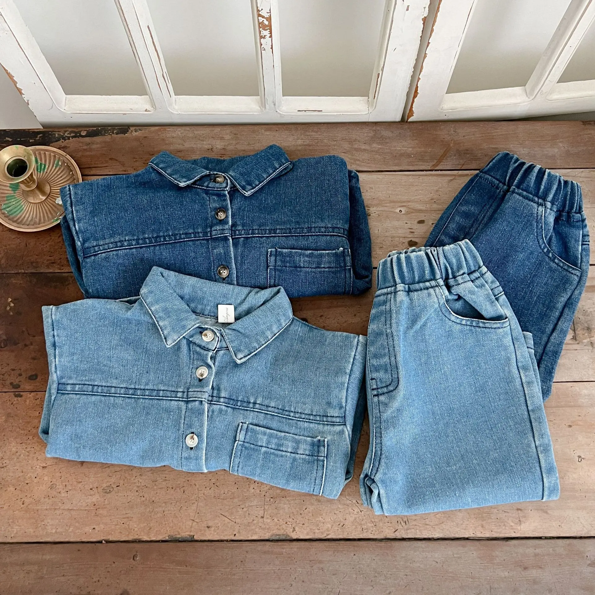 Solid Denim Suit Baby Spring Autumn Long-Sleeved Denim Shirt Jacket Trousers Two-Piece Baby Boys Girls Simple Casual 2PCS