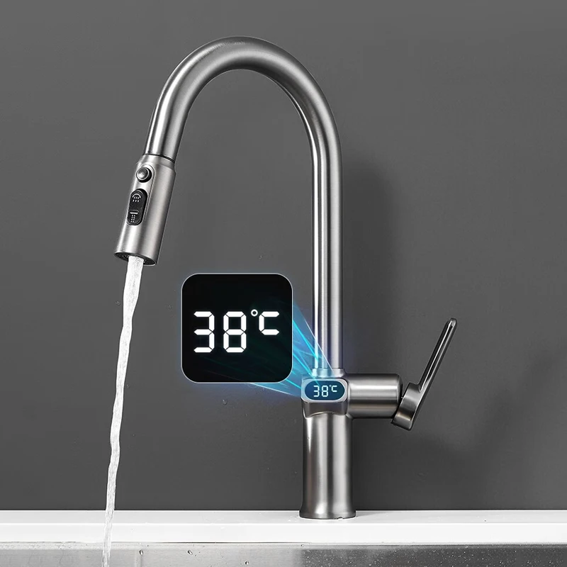 Kitchen Sink LED Digital Faucet Pull Down Hot Cold Mixer Brass Copper Tap Deck Mount 360 Degree Rotation Modern Luxury Crane Tap