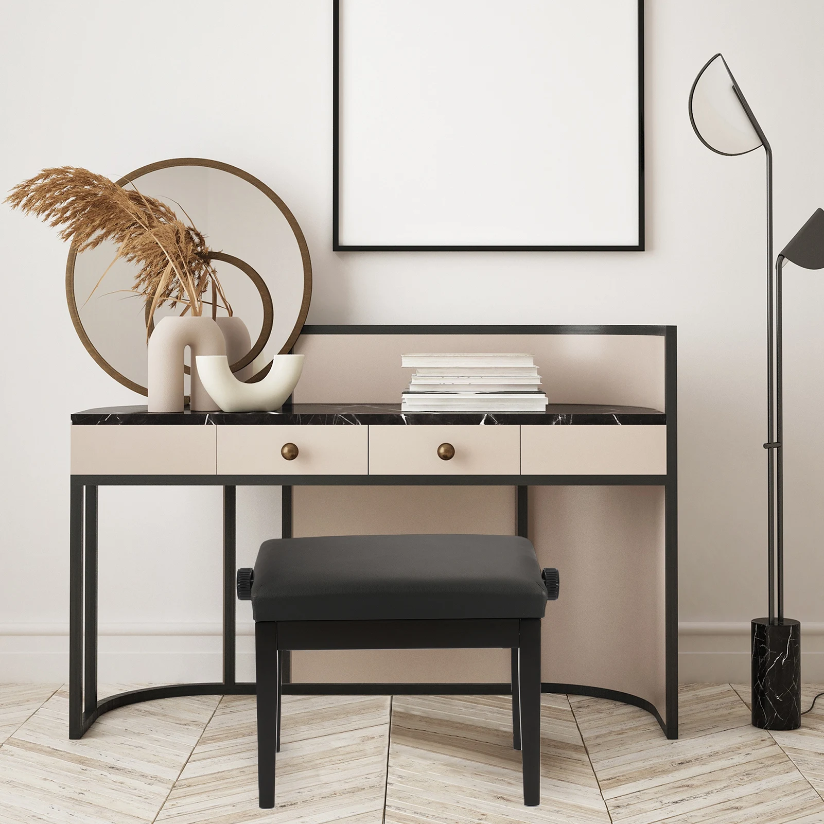 مقعد بيانو قابل للتعديل مع وسادة سميكة وإطار فولاذي - مقعد قابل لضبط الارتفاع للوحة المفاتيح/الأعضاء، للاستخدام المنزلي والاستوديو (أسود)