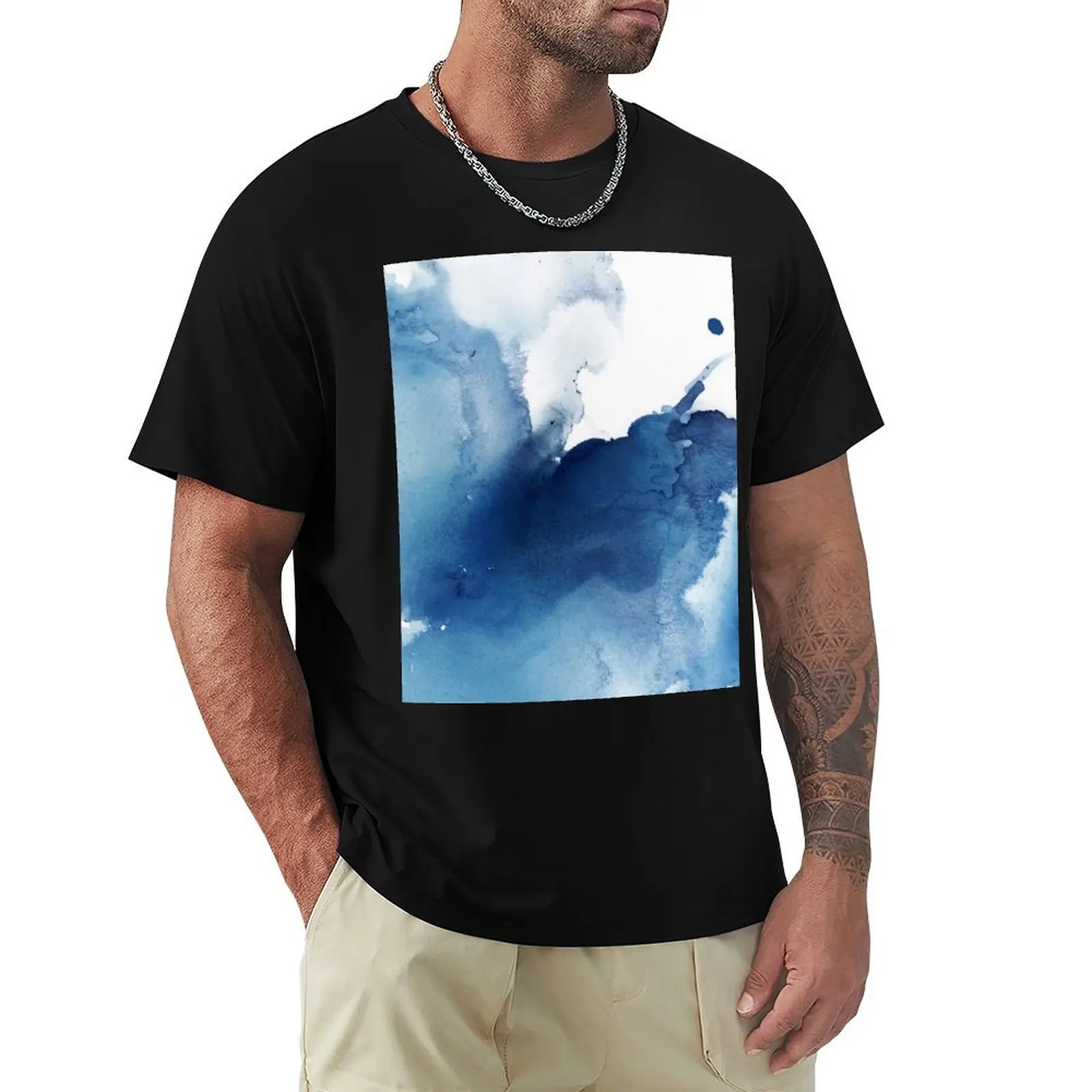 Indigo Blue Sea, Abstract Ink Painting T-Shirt Sun Protective Outdoor Tee Top