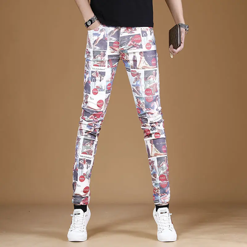 Men’ Light Luxury Street Fashion Colorful Full Print Jeans,Slim-fit Korea Version Stretch Denim Pants,Trendy Casual Jeans Pants