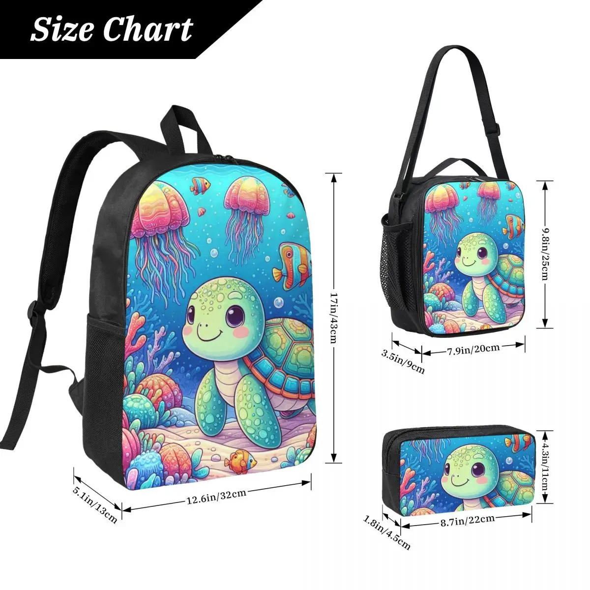 Cute Sea Turtle Pattern Cartoon Backpack Student BookBag School Bag Computer Shoulder Bags 3ps Insulated Lunch Bag Pencil Case