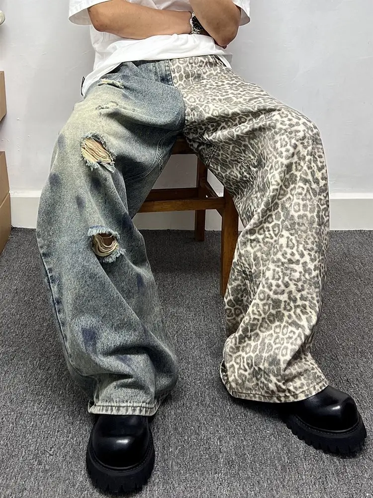 

American Retro Washed Ripped Jeans Women Spice Girl Design Sense Leopard Print Splicing Wide Leg Jeans