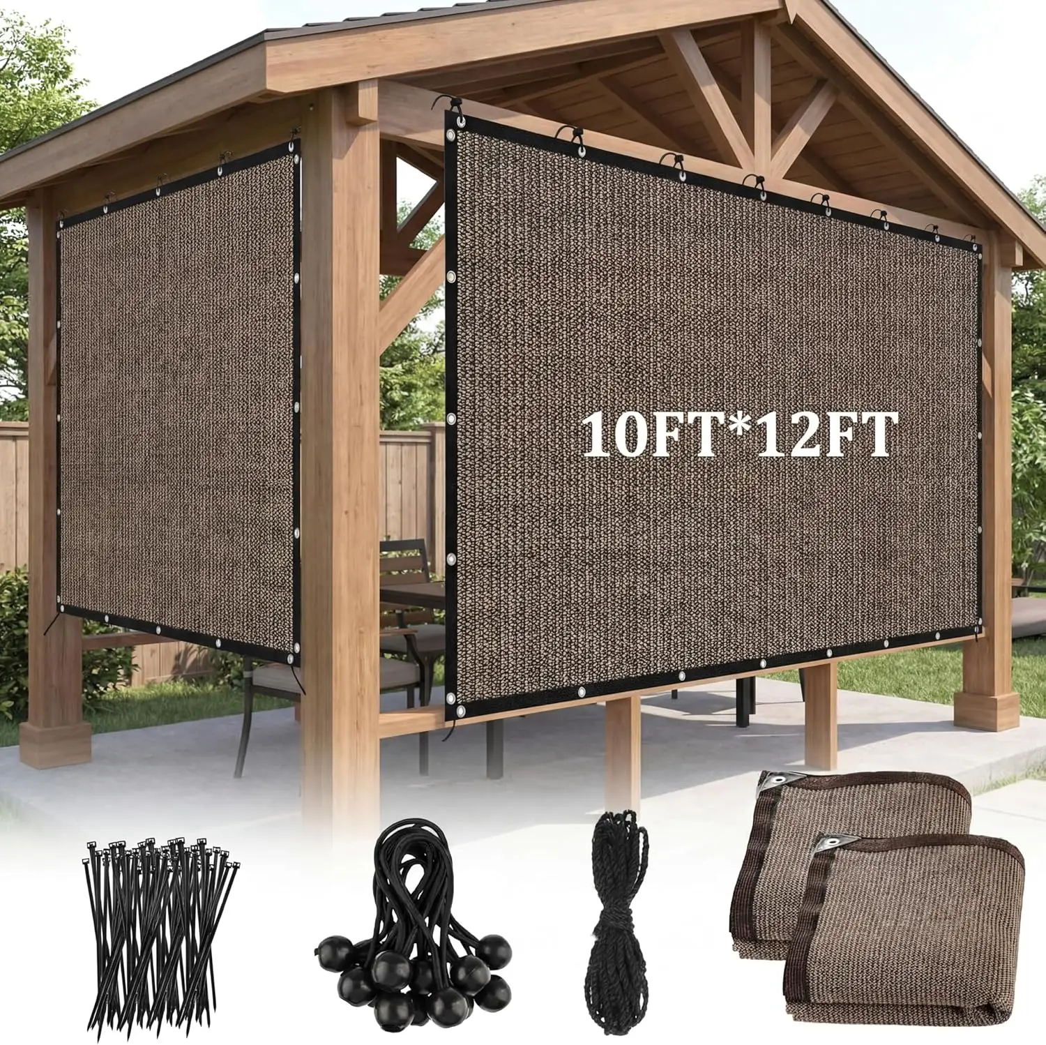 

2 Pcs 90% Sun Shade Cloth with Grommets 10' x 12' Pergola Shade Replacement UV Block Privacy Screen Mocha Canopy Porch Cov