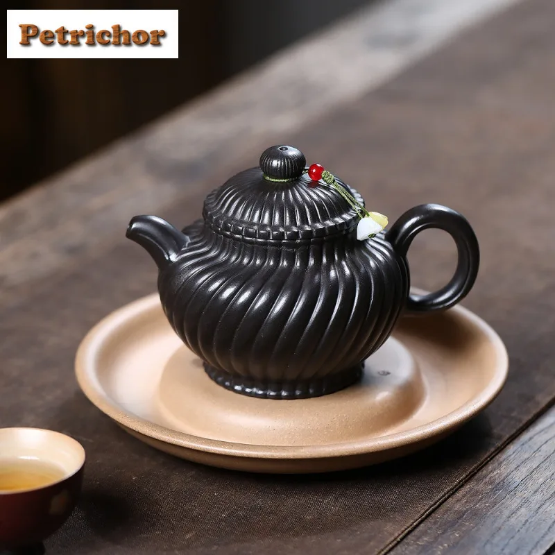 

210ml Classic Yixing Purple Clay Teapots Artists Handmade Black Rib Pot Raw Ore Dahongpao Mud Tea Infuser Kettle Zisha Tea Set