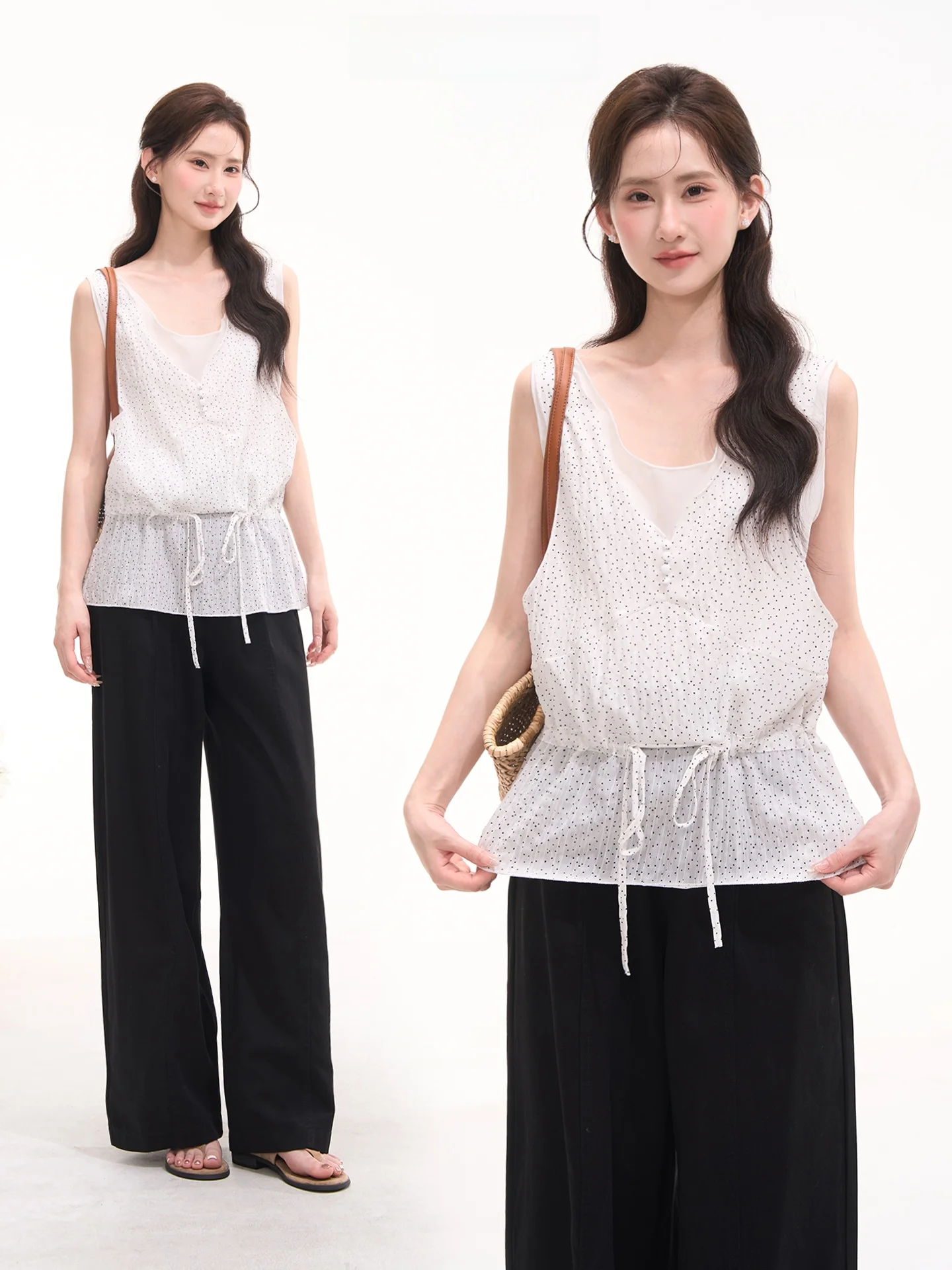 

Heme Summer Dot Tie Design Sensation Women's Vest Shirt Cotton No Sleeve V-Neck Princess Style UV Protection Chinese Made