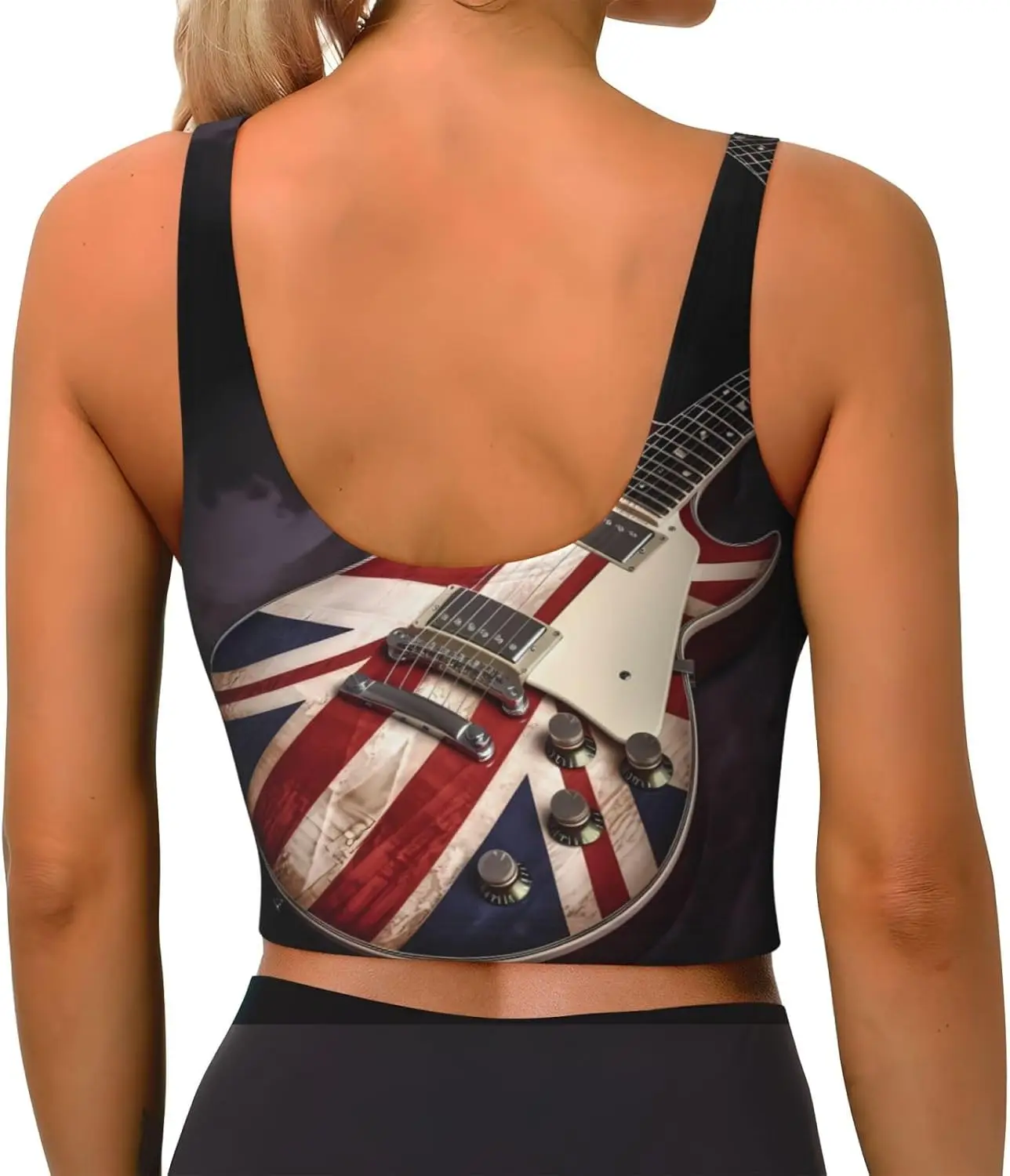 กีตาร์ธงอังกฤษพิมพ์สตรีกีฬาเสื้อกั๊กเต้นรําโยคะเสื้อกั๊กพิมพ์กีฬา Bra Top Vest