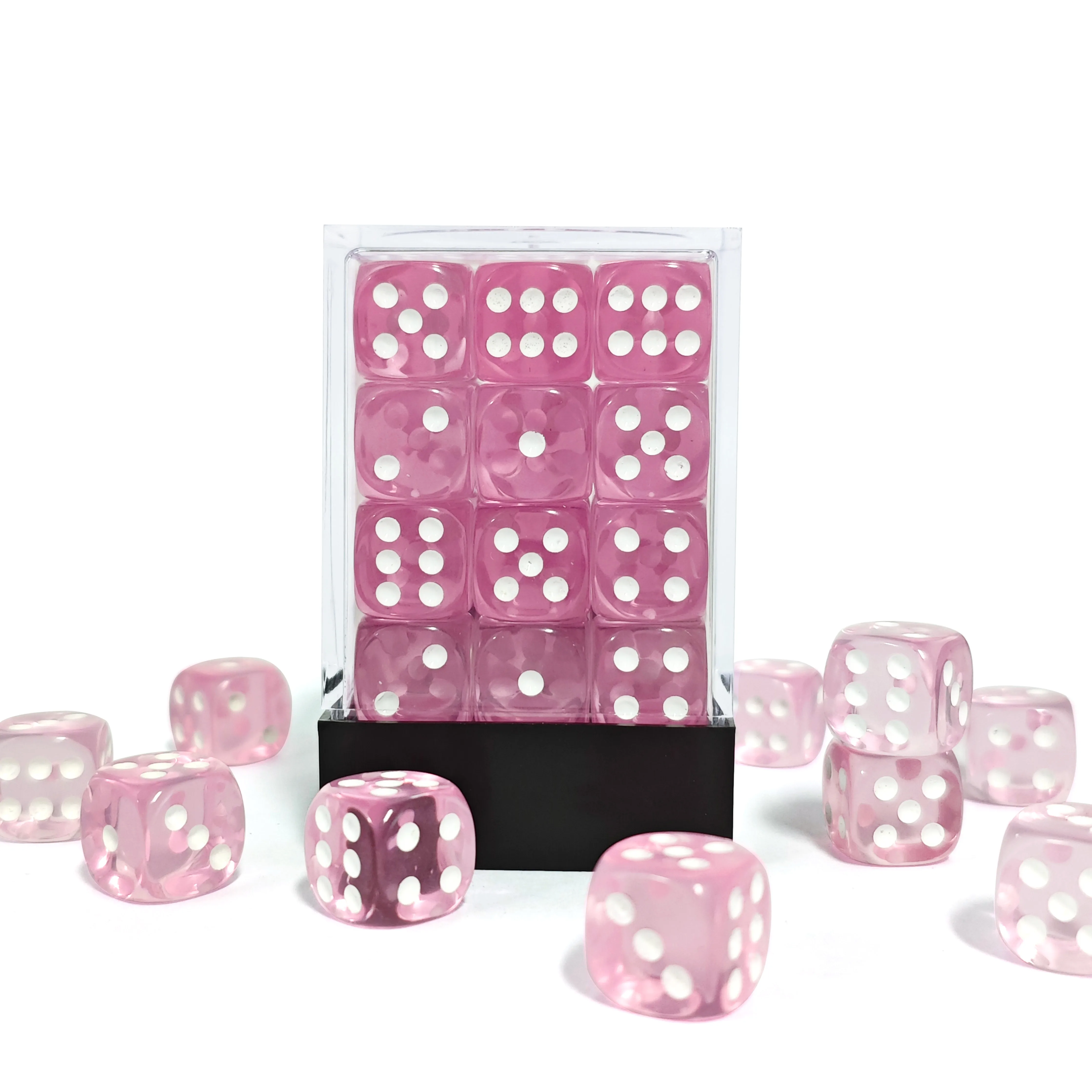 36PCS Clear Pink Transparent 6-Sided 12MM Dice White Dot D6 Dice with Case for Tabletop Board Game,Casino Drinking Game Dice D6