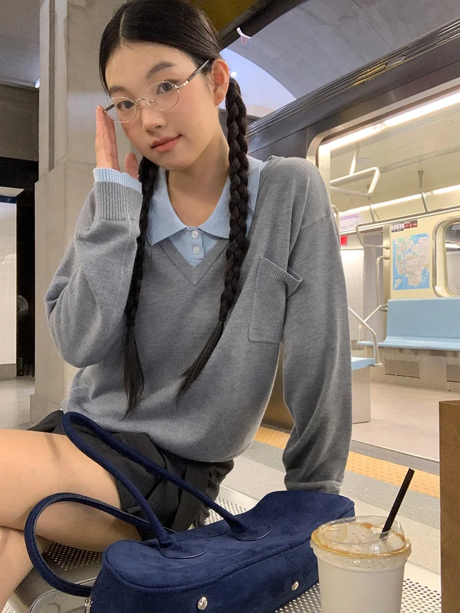 

Ay Свободный вязаный свитер, женский осенний ленивый свитер, высококачественный двухсекционный винтажный трикотаж