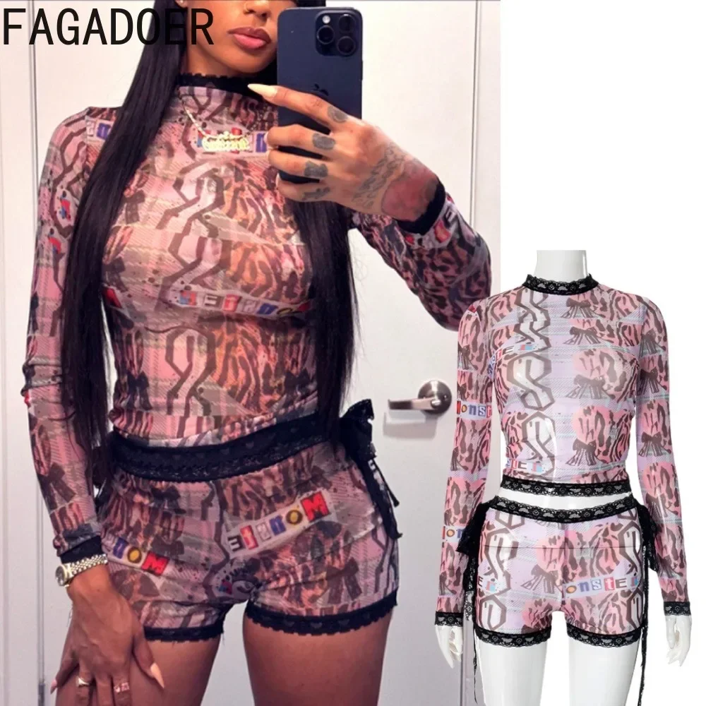 

FAGADOER Y2K Graffiti Printing Two Piece Set for Women Color Blocks Lace Patchwork Crop Top and Shorts Suit Streetwear 2025 New