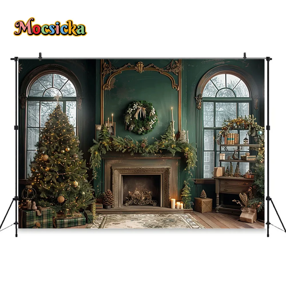 Green Christmas Photography Background Gold Fireplace Window Candle Xmas Tree Backdrop Winter Gift Room Family Kid Photo Studio