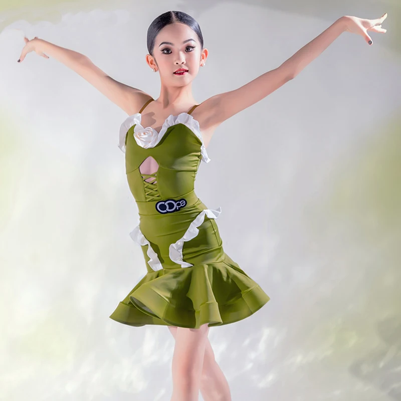 

New Children Latin Dance Suit Green Sling Skirt Set Ballroom Prom Competition Wear Line Dance Clothing Practice Clothes XH713