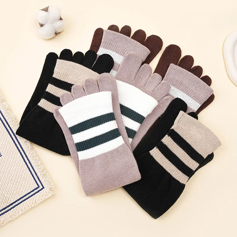 3 Pairs Autumn Winter Five Finger Socks Women Girls Combed Cotton Warm Sock Fashion Striped Mid-Tube Sport Style Crew Toe Socks