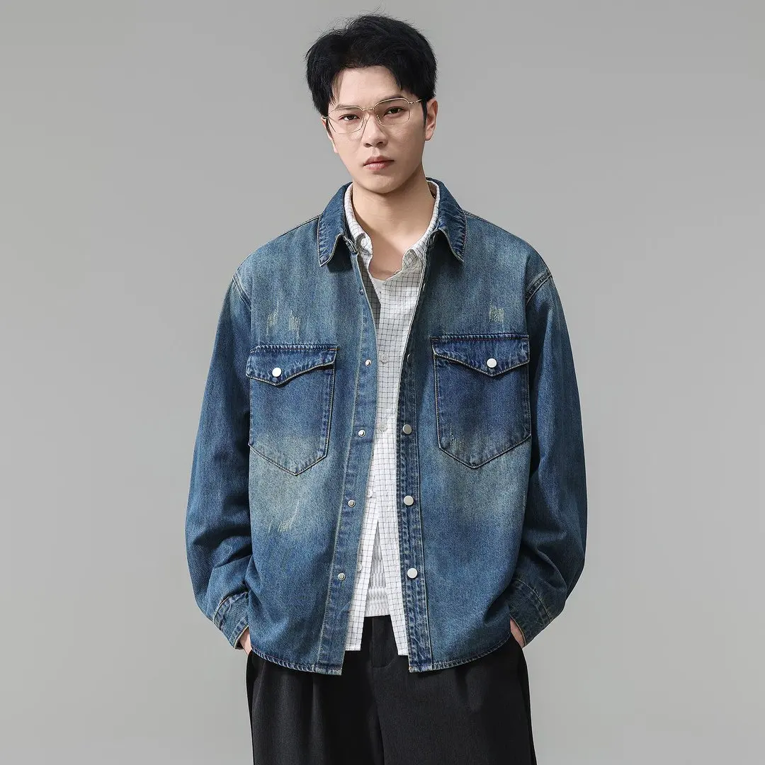 Washed Cotton Denim Shirt Men American Retro Fashion Streetwear Loose Casual Long Sleeve Denim Cargo Shirts Jeans Coat Jacket