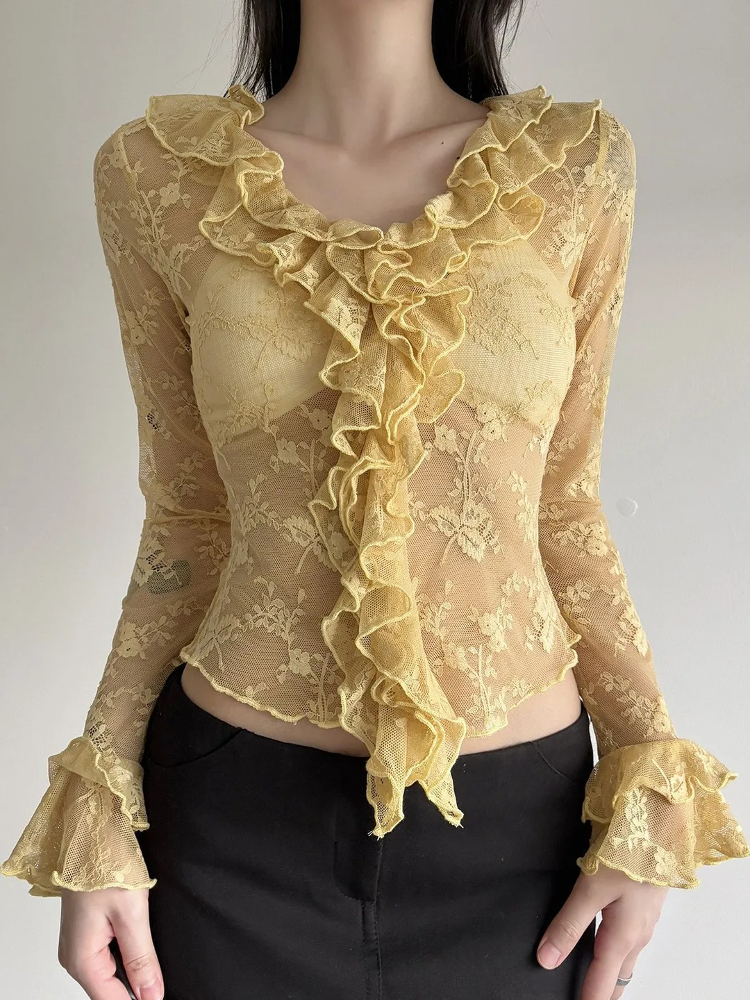 

Повседневный облегающий длинный топ све, женская модная накидка, повседневная футболка с кружевной отделкой и подолом, ацетатное волокно