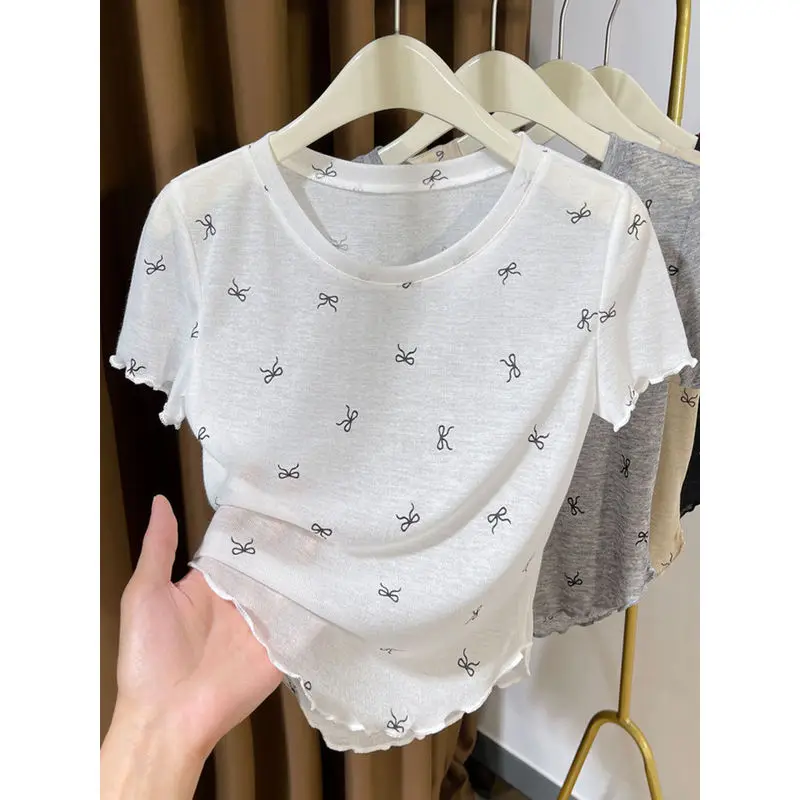 White Thin  Knot T-Shirt Women's Summer U-Neck Irregular Hem Wooden  Micro-Light Short Sleeve Top Female